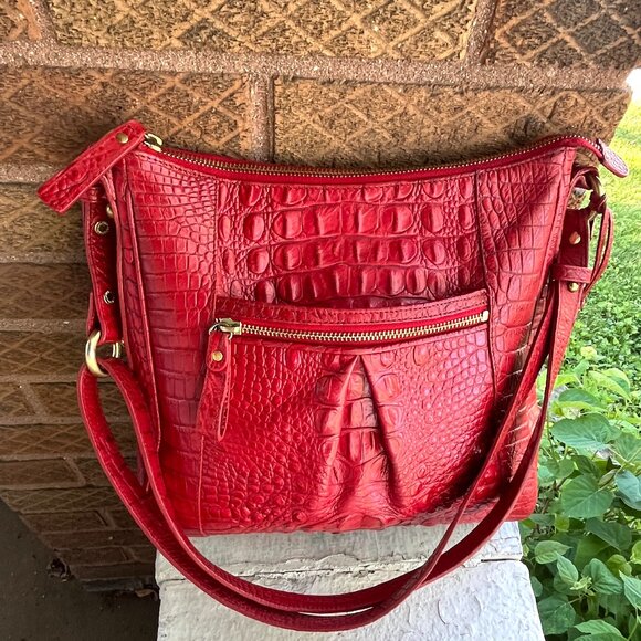 BRAHMIN Lindy Melbourne Red Moc Croc Italian Pleated Shoulder Crossbody Bag - Picture 1 of 9